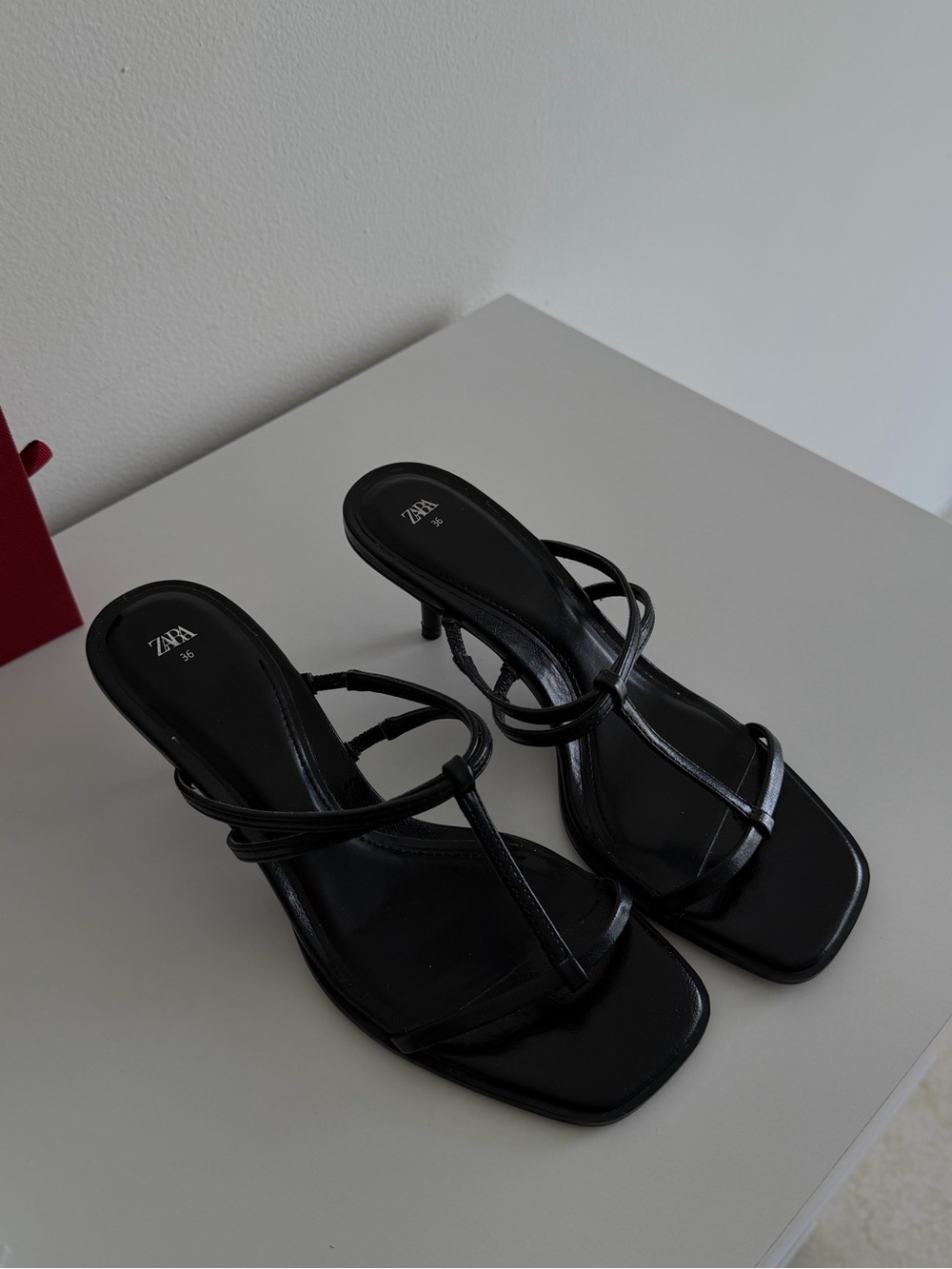 ZARA Black Loop-Strap Square-Toe Heeled Sandals